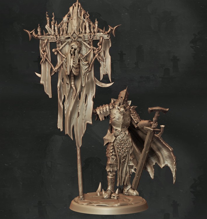 Nieumarły wojownik fantasy z mieczem i sztandarem przedstawiającym szkielet wśród świec i łańcuchów. Idealny do sesji RPG, kolekcji figurek i dioram w klimacie dark fantasy, horroru i gotyckiej estetyki.