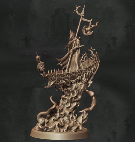 Nieumarły przewoźnik dusz na łodzi ozdobionej szkieletami i płomieniami, z rytualnym kosturem. Doskonały do sesji RPG, kolekcji figurek i dioram fantasy w klimacie dark fantasy, horroru i gotyckiej estetyki.