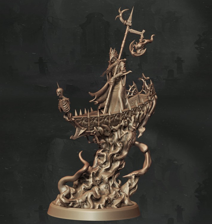 Nieumarły przewoźnik dusz na łodzi ozdobionej szkieletami i płomieniami, z rytualnym kosturem. Doskonały do sesji RPG, kolekcji figurek i dioram fantasy w klimacie dark fantasy, horroru i gotyckiej estetyki.