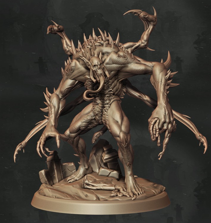 Monstrualny ghoul z wieloma kończynami, pazurami i zdeformowaną twarzą, idealny do sesji RPG, kolekcji figurek i dioram fantasy w klimacie dark fantasy, horroru i gotyckiej estetyki.