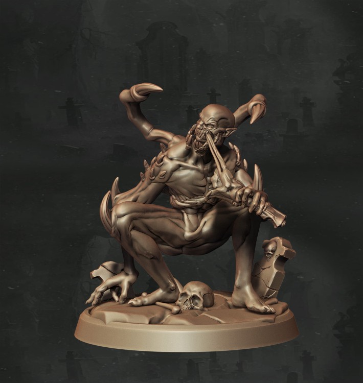 Nieumarły ghoul o zdeformowanej sylwetce, z pazurami i kością w dłoni, idealny do sesji RPG, kolekcji figurek i dioram fantasy w klimacie dark fantasy, horroru i gotyckiej estetyki.