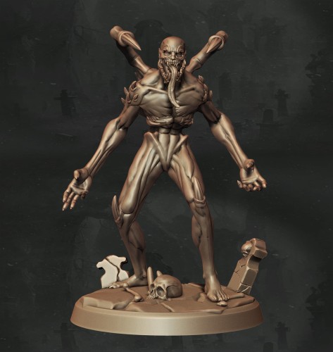 Ghoul o wydłużonej sylwetce, z pazurami, kolcami na plecach i groteskową twarzą z długim językiem. Doskonały do sesji RPG, kolekcji figurek i dioram fantasy w klimacie horroru, dark fantasy i gotyckiej estetyki.