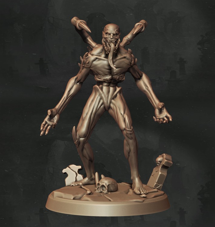 Ghoul o wydłużonej sylwetce, z pazurami, kolcami na plecach i groteskową twarzą z długim językiem. Doskonały do sesji RPG, kolekcji figurek i dioram fantasy w klimacie horroru, dark fantasy i gotyckiej estetyki.