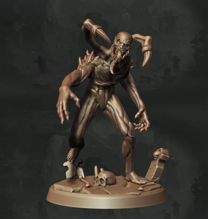 Ghoul o wydłużonej sylwetce z pazurami, kolcami na plecach i twarzą pełną macek, idealny do sesji RPG, kolekcji figurek i dioram fantasy w klimacie horroru, dark fantasy i gotyckiej estetyki.
