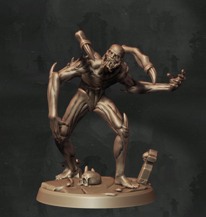 Ghoul o wychudzonej sylwetce z pazurami, kolcami na plecach i twarzą pełną macek, idealny do sesji RPG, kolekcji figurek i dioram fantasy w klimacie horroru, dark fantasy i gotyckiej estetyki.