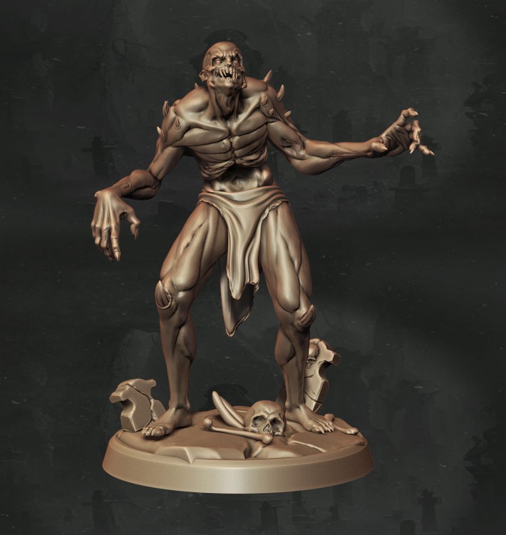 Ghoul o zdeformowanej sylwetce z pazurami, wystającymi kolcami i odsłoniętymi wnętrznościami, idealny do sesji RPG, kolekcji figurek i dioram fantasy w klimacie horroru, dark fantasy i gotyckiej estetyki.