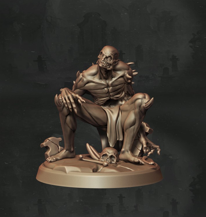 Ghoul o zdeformowanej sylwetce z pazurami, wystającymi kolcami i odsłoniętymi wnętrznościami, idealny do sesji RPG, kolekcji figurek i dioram fantasy w klimacie horroru, dark fantasy i gotyckiej estetyki.