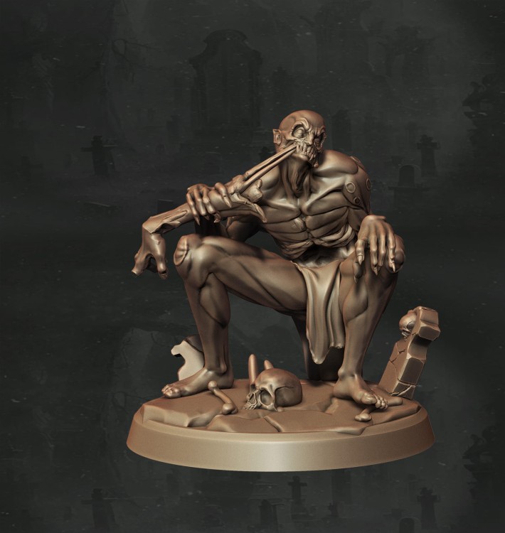 Ghoul o zdeformowanej sylwetce z pazurami, wystającymi kolcami i odsłoniętymi wnętrznościami, idealny do sesji RPG, kolekcji figurek i dioram fantasy w klimacie horroru, dark fantasy i gotyckiej estetyki.