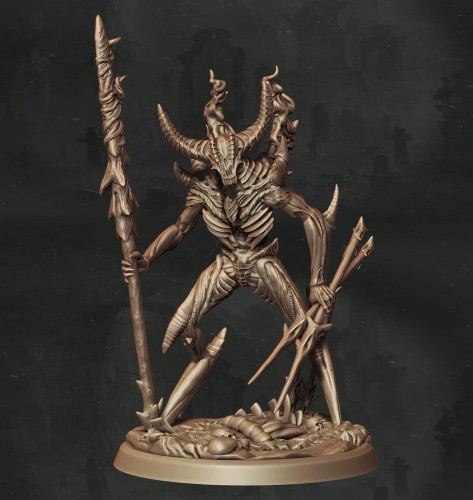 Demoniczna istota o szkieletowej sylwetce z rogami, kosturem i kolczastą bronią, idealna do sesji RPG, kolekcji figurek i dioram fantasy w klimacie horroru, dark fantasy i piekielnej estetyki.