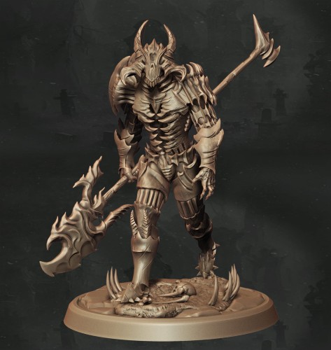 Demoniczny wojownik w kolczastej zbroi z rogami, uzbrojony w przeklęte ostrza, idealny do sesji RPG, kolekcji figurek i dioram fantasy w klimacie horroru, dark fantasy i piekielnej estetyki.