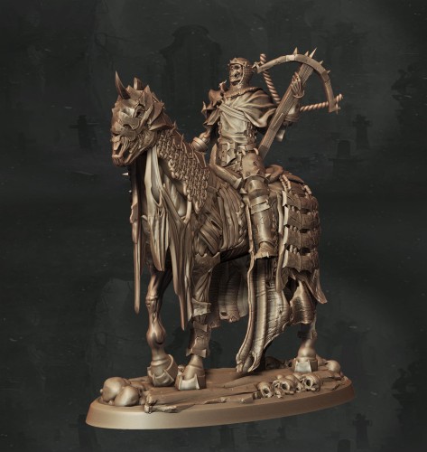 Szkieletowy jeździec w kolczastej zbroi na zdeformowanym koniu, z kosą i hełmem, idealny do sesji RPG, kolekcji figurek i dioram fantasy w klimacie horroru, dark fantasy i nekromantycznej estetyki.