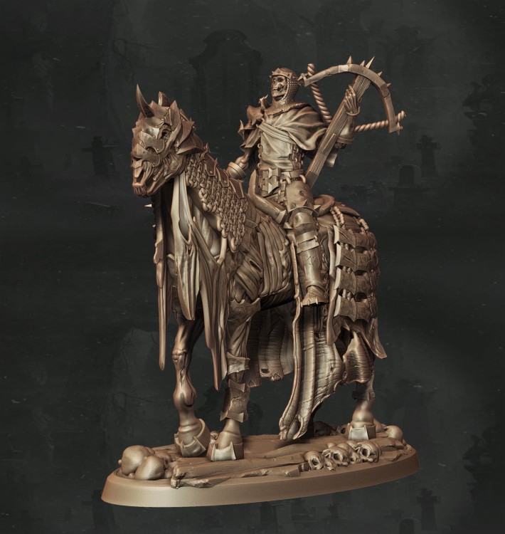 Szkieletowy jeździec w kolczastej zbroi na zdeformowanym koniu, z kosą i hełmem, idealny do sesji RPG, kolekcji figurek i dioram fantasy w klimacie horroru, dark fantasy i nekromantycznej estetyki.