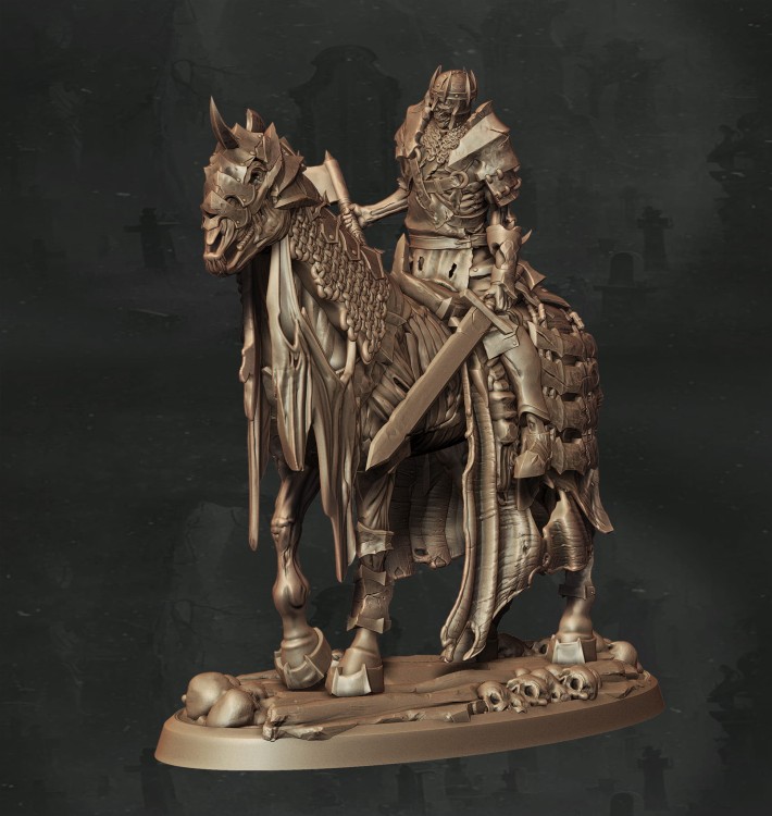 Szkieletowy jeździec w zbroi na zdeformowanym koniu, z kosą i rytualnym sztandarem, idealny do sesji RPG, kolekcji figurek i dioram fantasy w klimacie horroru, dark fantasy i nekromantycznej estetyki.
