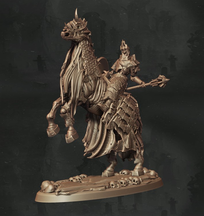 Szkieletowy jeździec w zbroi na zdeformowanym koniu, z kosą i rytualnym sztandarem, idealny do sesji RPG, kolekcji figurek i dioram fantasy w klimacie horroru, dark fantasy i nekromantycznej estetyki.