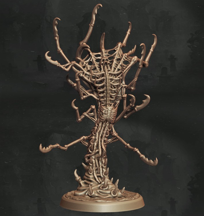 Groteskowa istota złożona z połączonych szkieletów i macek, idealna do sesji RPG, kolekcji figurek i dioram fantasy w klimacie horroru, dark fantasy i nekromantycznej estetyki.