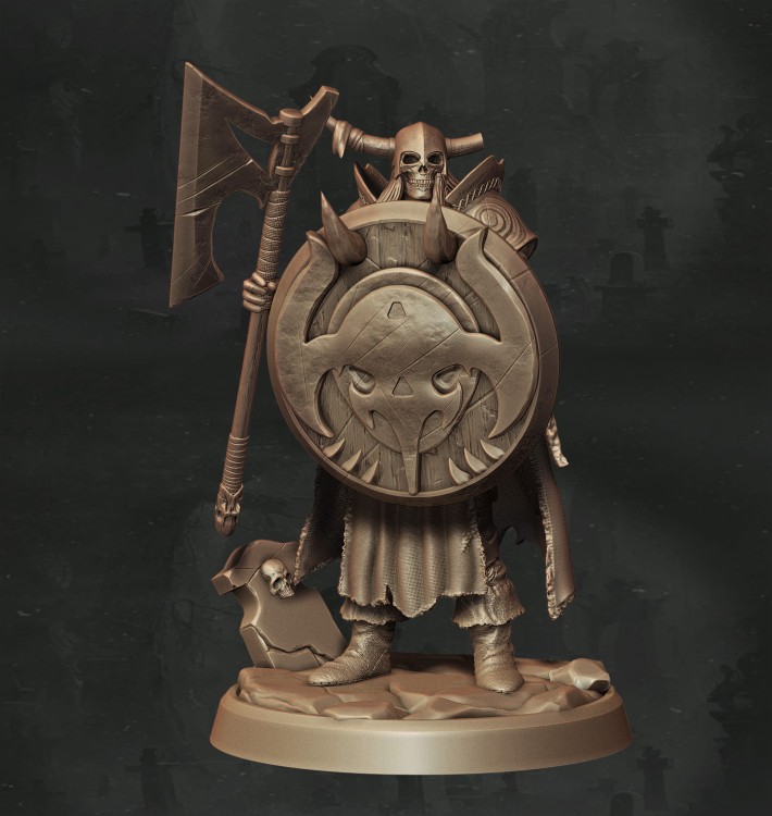 Nieumarły wojownik w kapturze i ciężkiej zbroi z czaszkami, uzbrojony w dwugłowy topór, idealny do sesji RPG, kolekcji figurek i dioram fantasy w klimacie horroru, dark fantasy i przeklętej estetyki.