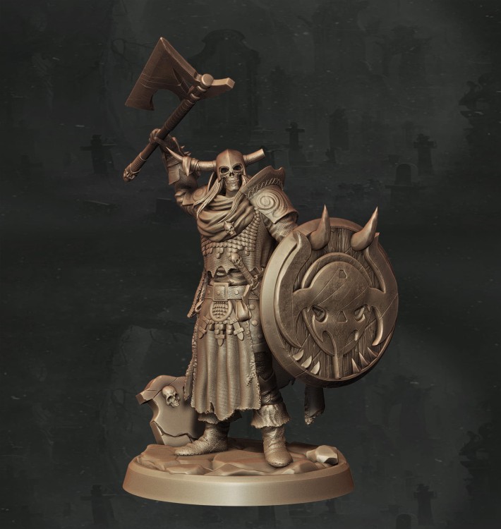 Nieumarły wojownik w kapturze i ciężkiej zbroi z czaszkami, uzbrojony w dwugłowy topór, idealny do sesji RPG, kolekcji figurek i dioram fantasy w klimacie horroru, dark fantasy i przeklętej estetyki.