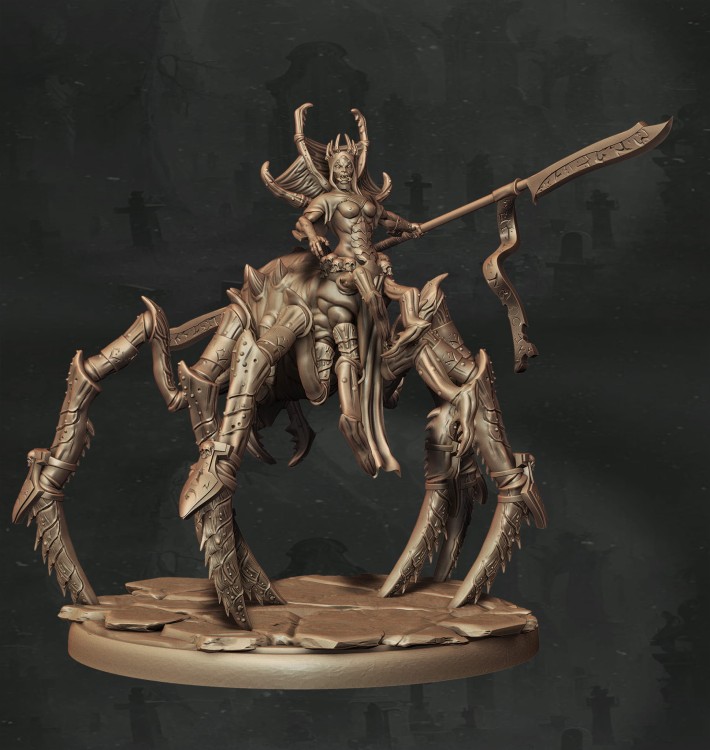 Królowa-pająk z koroną, mieczem runicznym i ośmionogim ciałem, idealna do sesji RPG, kolekcji figurek i dioram fantasy w klimacie horroru, dark fantasy i eldritchowej estetyki.