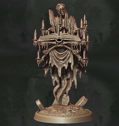 Nieumarły skryba z otwartą księgą, piórem i świecznikami, unoszący się nad grobami, idealny do sesji RPG, kolekcji figurek i dioram fantasy w klimacie horroru, dark fantasy i nekromantycznej estetyki.