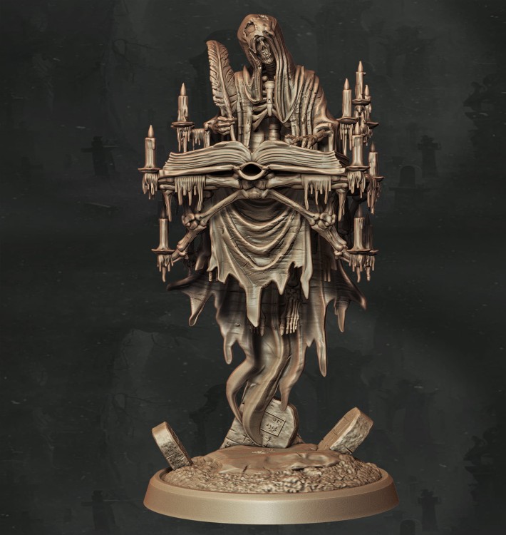 Nieumarły skryba z otwartą księgą, piórem i świecznikami, unoszący się nad grobami, idealny do sesji RPG, kolekcji figurek i dioram fantasy w klimacie horroru, dark fantasy i nekromantycznej estetyki.