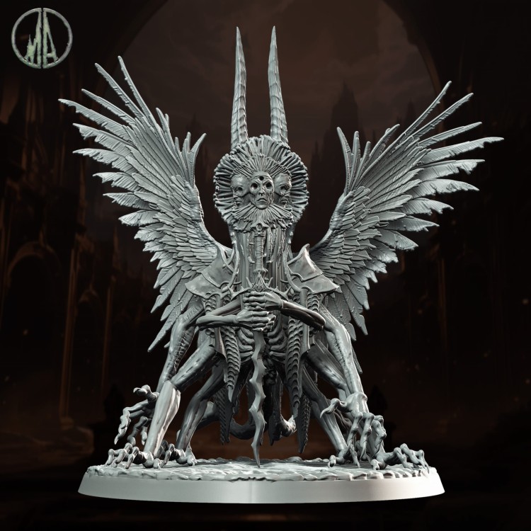 Groteskowy upadły anioł z wieloma ramionami, skrzydłami i aureolą z twarzy, idealny do sesji RPG, kolekcji figurek i dioram fantasy w klimacie horroru, dark fantasy i infernalnej estetyki.