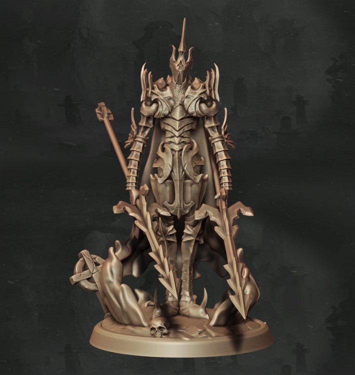 Nieumarły wojownik w kolczastej zbroi z rogatym hełmem, mieczem i kosturem, idealny do sesji RPG, kolekcji figurek i dioram fantasy w klimacie horroru, dark fantasy i przeklętej estetyki.