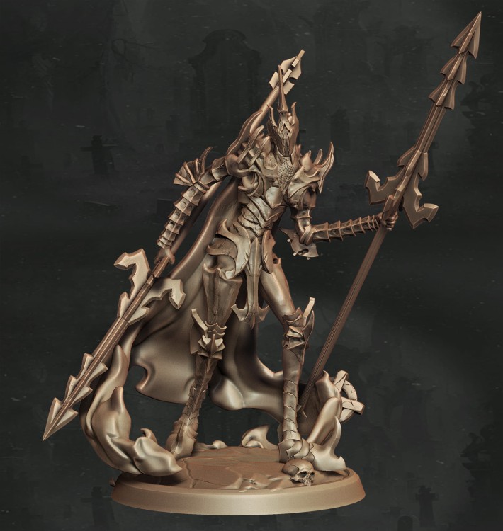Nieumarły rycerz w kolczastej zbroi z rogami i peleryną, uzbrojony w dwugłowy włócznio-miecz, idealny do sesji RPG, kolekcji figurek i dioram fantasy w klimacie horroru, dark fantasy i przeklętej estetyki.