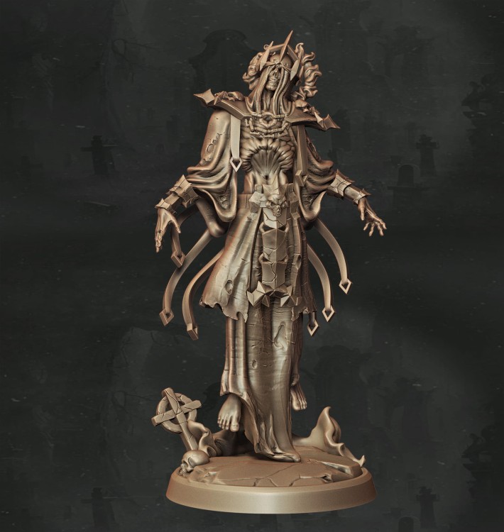 Figurka fantasy przedstawiająca nekromantę w ceremonialnej szacie z berłem. Bogate detale, mroczny klimat i rytualna estetyka czynią ją idealną do gier RPG, dioram i kolekcji o tematyce magii śmierci i zakazanych rytuałów.