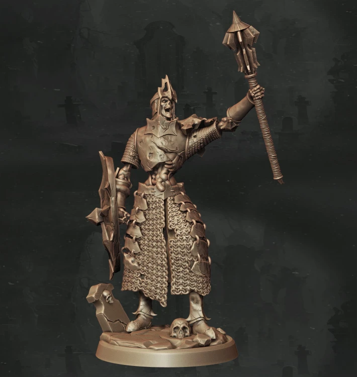 Figurka fantasy przedstawiająca zakutego w zbroję strażnika z buławą i tarczą. Bogate detale, rytualna poza i heroiczny klimat czynią ją idealną do gier RPG, dioram i kolekcji o tematyce obrony, wiary i świętej misji.