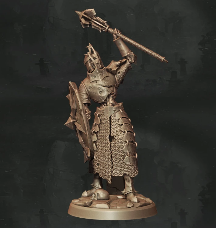 Figurka fantasy przedstawiająca zakutego w zbroję strażnika z buławą i tarczą. Bogate detale, rytualna poza i heroiczny klimat czynią ją idealną do gier RPG, dioram i kolekcji o tematyce obrony, wiary i świętej misji.