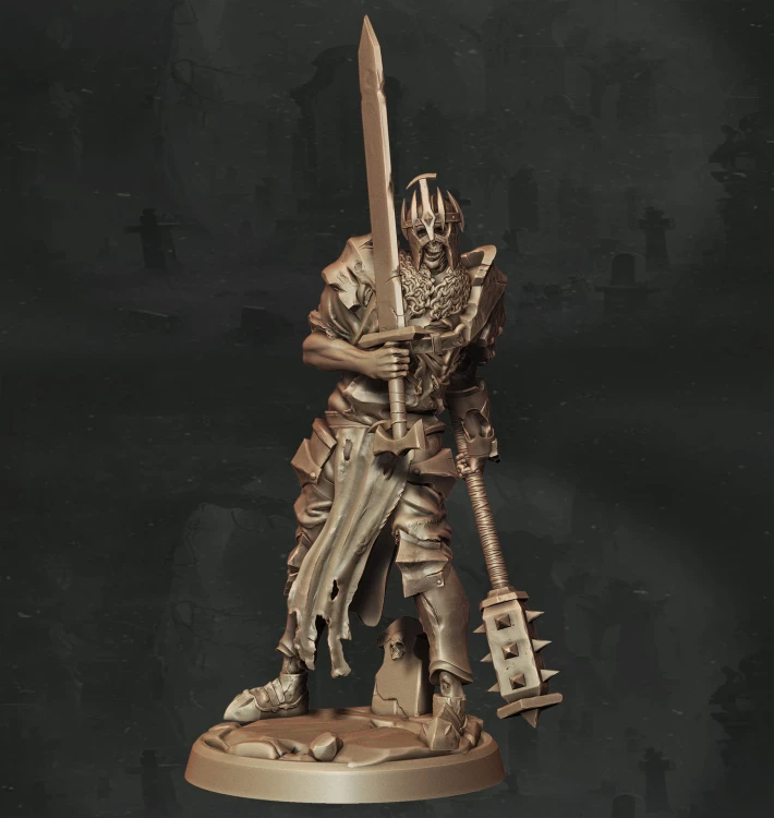 Figurka fantasy przedstawiająca wojownika z mieczem i tarczą, w zbroi i szacie, z towarzyszącym zwierzęciem u stóp. Bogate detale, dynamiczna poza i narracyjny klimat czynią ją idealną do gier RPG, dioram i kolekcji fantasy.