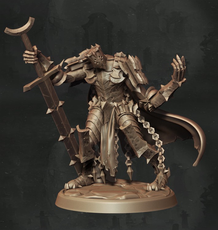 Nieumarły wojownik w ciężkiej zbroi z peleryną i dwuręcznym mieczem, idealny do sesji RPG, kolekcji figurek i dioram fantasy w klimacie horroru, dark fantasy i przeklętej estetyki.