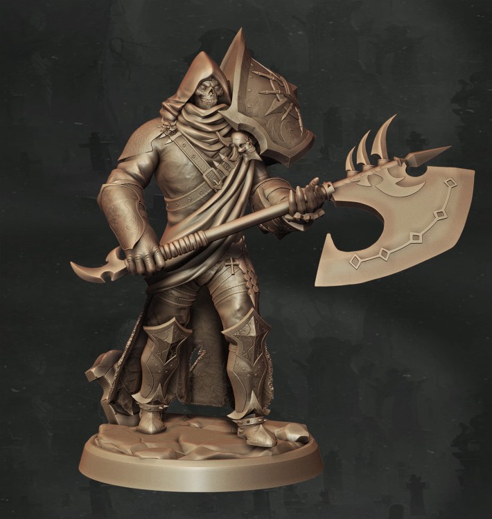Nieumarły wojownik w kapturze i ciężkiej zbroi z czaszkami, uzbrojony w dwugłowy topór, idealny do sesji RPG, kolekcji figurek i dioram fantasy w klimacie horroru, dark fantasy i przeklętej estetyki.