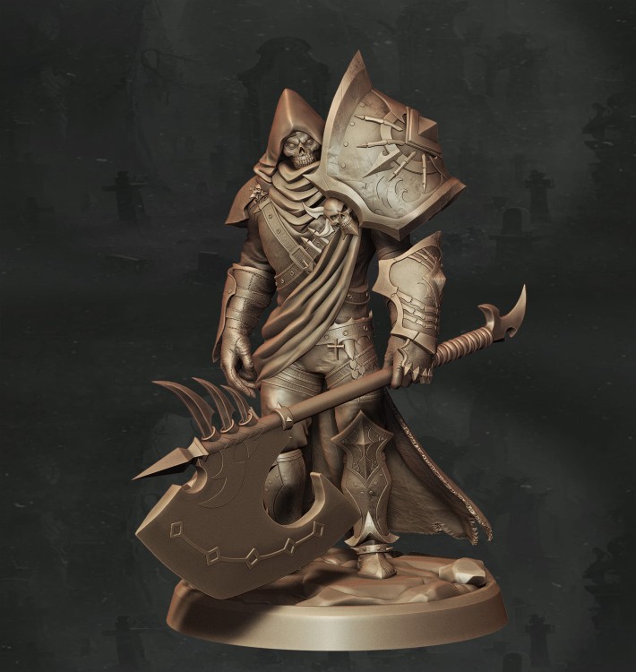 Nieumarły wojownik w kapturze i ciężkiej zbroi z czaszkami, uzbrojony w dwugłowy topór, idealny do sesji RPG, kolekcji figurek i dioram fantasy w klimacie horroru, dark fantasy i przeklętej estetyki.