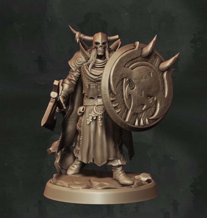 Nieumarły wojownik w kapturze i ciężkiej zbroi z czaszkami, uzbrojony w dwugłowy topór, idealny do sesji RPG, kolekcji figurek i dioram fantasy w klimacie horroru, dark fantasy i przeklętej estetyki.
