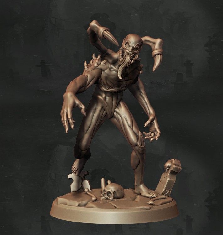 Ghoul o zdeformowanej sylwetce z pazurami, wystającymi kolcami i odsłoniętymi wnętrznościami, idealny do sesji RPG, kolekcji figurek i dioram fantasy w klimacie horroru, dark fantasy i gotyckiej estetyki.