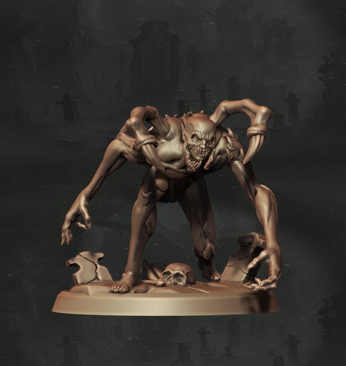 Ghoul o zdeformowanej sylwetce z pazurami, wystającymi kolcami i odsłoniętymi wnętrznościami, idealny do sesji RPG, kolekcji figurek i dioram fantasy w klimacie horroru, dark fantasy i gotyckiej estetyki.