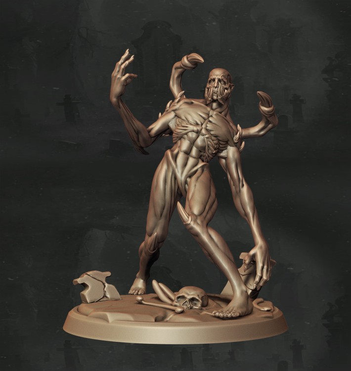 Ghoul o zdeformowanej sylwetce z pazurami, wystającymi kolcami i odsłoniętymi wnętrznościami, idealny do sesji RPG, kolekcji figurek i dioram fantasy w klimacie horroru, dark fantasy i gotyckiej estetyki.