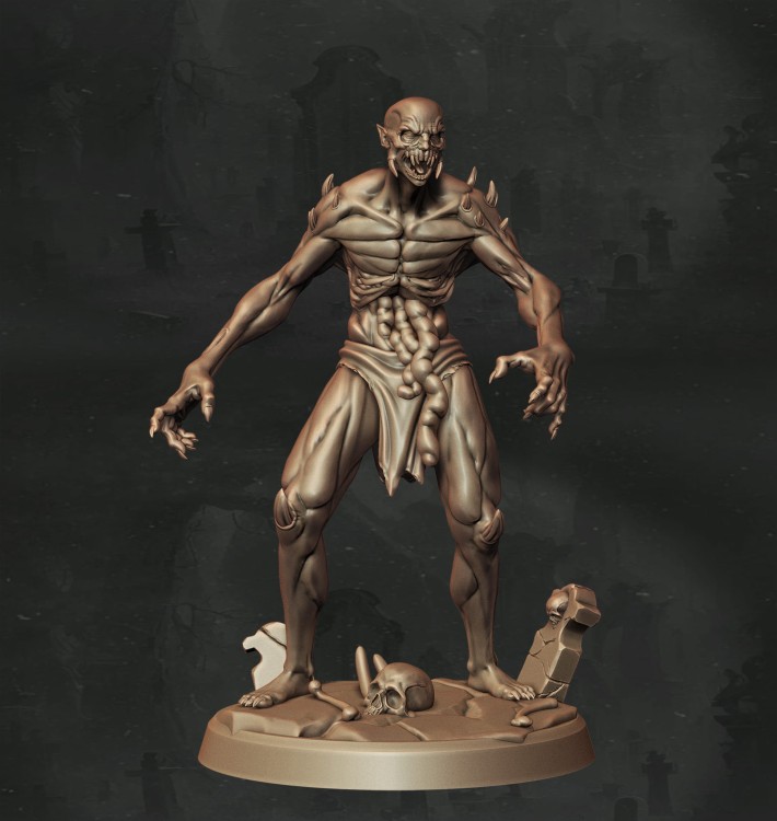 Ghoul o zdeformowanej sylwetce z pazurami, wystającymi kolcami i odsłoniętymi wnętrznościami, idealny do sesji RPG, kolekcji figurek i dioram fantasy w klimacie horroru, dark fantasy i gotyckiej estetyki.