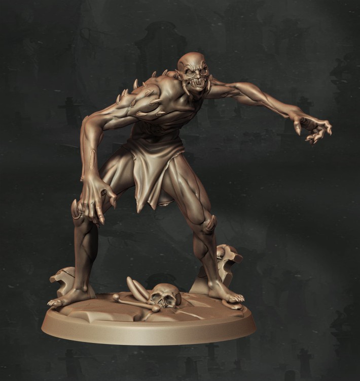 Ghoul o zdeformowanej sylwetce z pazurami, wystającymi kolcami i odsłoniętymi wnętrznościami, idealny do sesji RPG, kolekcji figurek i dioram fantasy w klimacie horroru, dark fantasy i gotyckiej estetyki.
