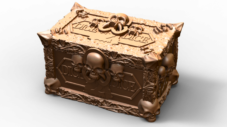 Skull &amp; Bones Vault to gotyckie pudełko na kości RPG z motywem czaszek, kości i biohazardu. Ręcznie zdobione, trwałe, idealne do D&amp;D, horroru i gier fantasy. Styl i klimat, który robi wrażenie na każdym stole.