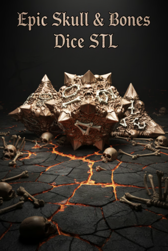 Skull &amp; Bones Dice Set to gotycki zestaw kości RPG z motywem czaszek i kości. Idealny do D&amp;amp;D, horroru i fantasy. Detaliczne, klimatyczne, dostępne jako pliki STL do druku 3D – podkreśl atmosferę każdej sesji.