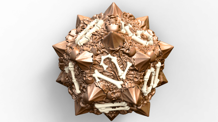 Skull &amp; Bones Dice Set to gotycka kość RPG o kolczastej, wielościennej formie z motywem czaszek, kości i dłoni. Idealna do D&amp;amp;D, horroru i fantasy. Plik STL do druku 3D – styl, klimat i precyzja wykonania.