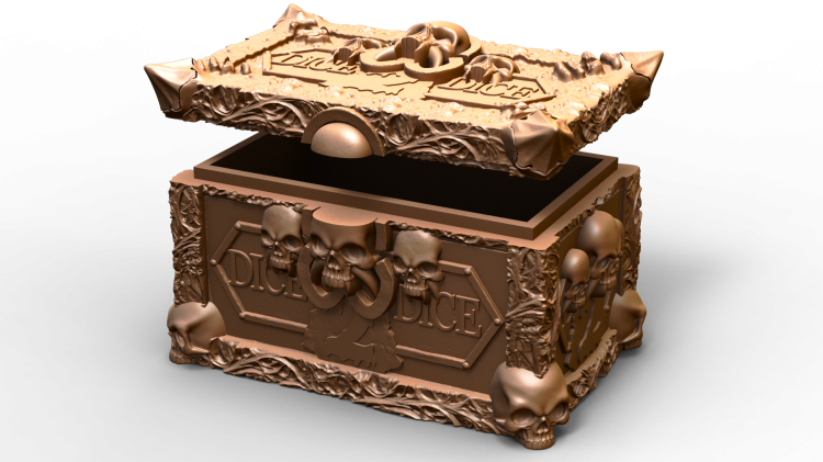 Gotyckie pudełko na kości RPG z motywem czaszek i płomieni. Idealne do gier fantasy, horroru i D&amp;D. Ręcznie zdobione, trwałe, stylowe – Skull &amp; Bones Vault podkreśla klimat każdej sesji.