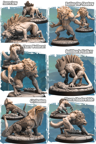 Zestaw Kin Tribe – sześć dużych figurek wilkołaków i bestii plemiennych w dynamicznych pozach. Doskonałe do sesji RPG, bitewniaków i kolekcji. Idealne do klimatów dark fantasy, horroru i dzikich kampanii. Seria Amazing Adventures.
