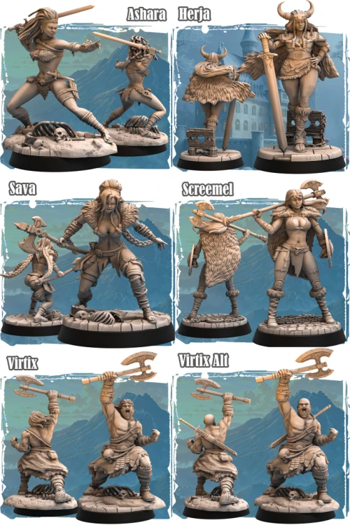 Zestaw Barbarians – sześć figurek fantasy przedstawiających barbarzyńców w dynamicznych pozach, z toporami, mieczami i zbrojami. Doskonałe do sesji RPG, bitewniaków i kolekcji. Idealne do klimatów dzikiej przygody, dark fantasy i epickich starć.