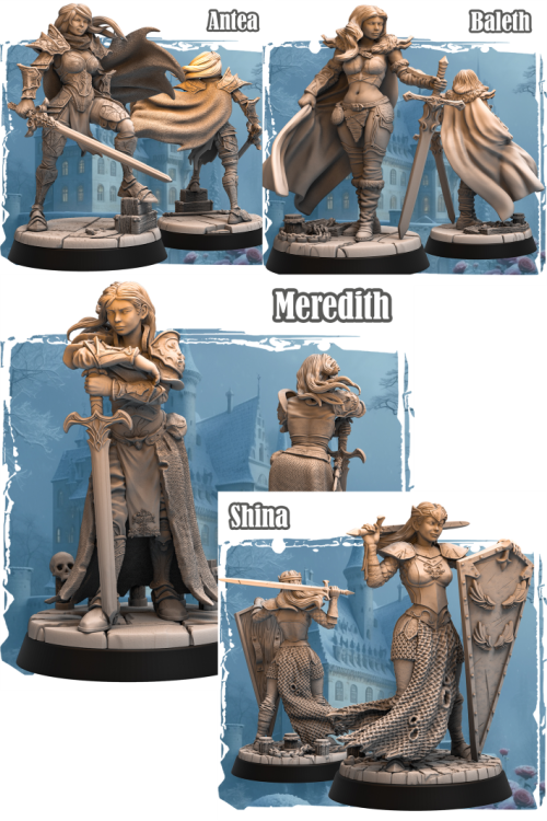 Zestaw Maidens – cztery figurki fantasy przedstawiające bohaterki w dynamicznych pozach, z bronią i ceremonialnymi strojami. Idealne do sesji RPG, bitewniaków i kolekcji. Klimaty high fantasy, dark fantasy i epickiej przygody.