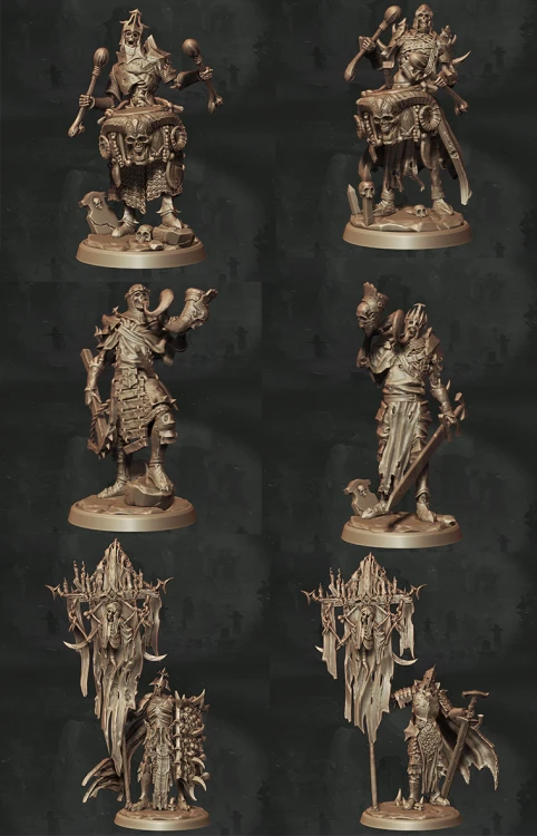 Zestaw Commander Group – sześć figurek fantasy przedstawiających dowódców, magów i wojowników w zbrojach, z bronią i tarczami. Doskonałe do sesji RPG, bitewniaków i kolekcji. Idealne do klimatów epickiej przygody, dark fantasy i taktycznych kampanii.