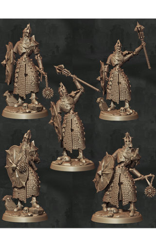 Zestaw Sentinel – pięć figurek fantasy przedstawiających strażników w zbrojach i płaszczach, z mieczami, tarczami, kosturami i księgą. Doskonałe do sesji RPG, bitewniaków i kolekcji. Idealne do klimatów high fantasy, dark fantasy i heroicznej obrony.