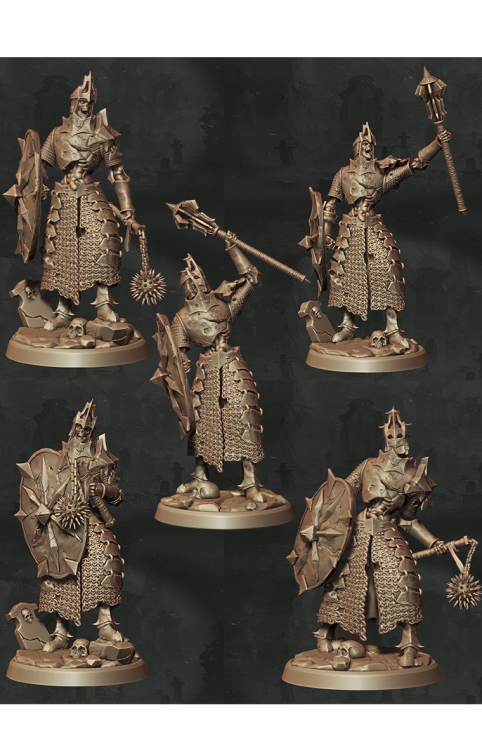 Zestaw Sentinel – pięć figurek fantasy przedstawiających strażników w zbrojach i płaszczach, z mieczami, tarczami, kosturami i księgą. Doskonałe do sesji RPG, bitewniaków i kolekcji. Idealne do klimatów high fantasy, dark fantasy i heroicznej obrony.
